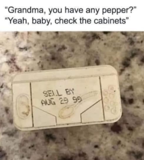 Old spice tin found in grandma's cabinet with a "Sell By" expiration date from August 1999.