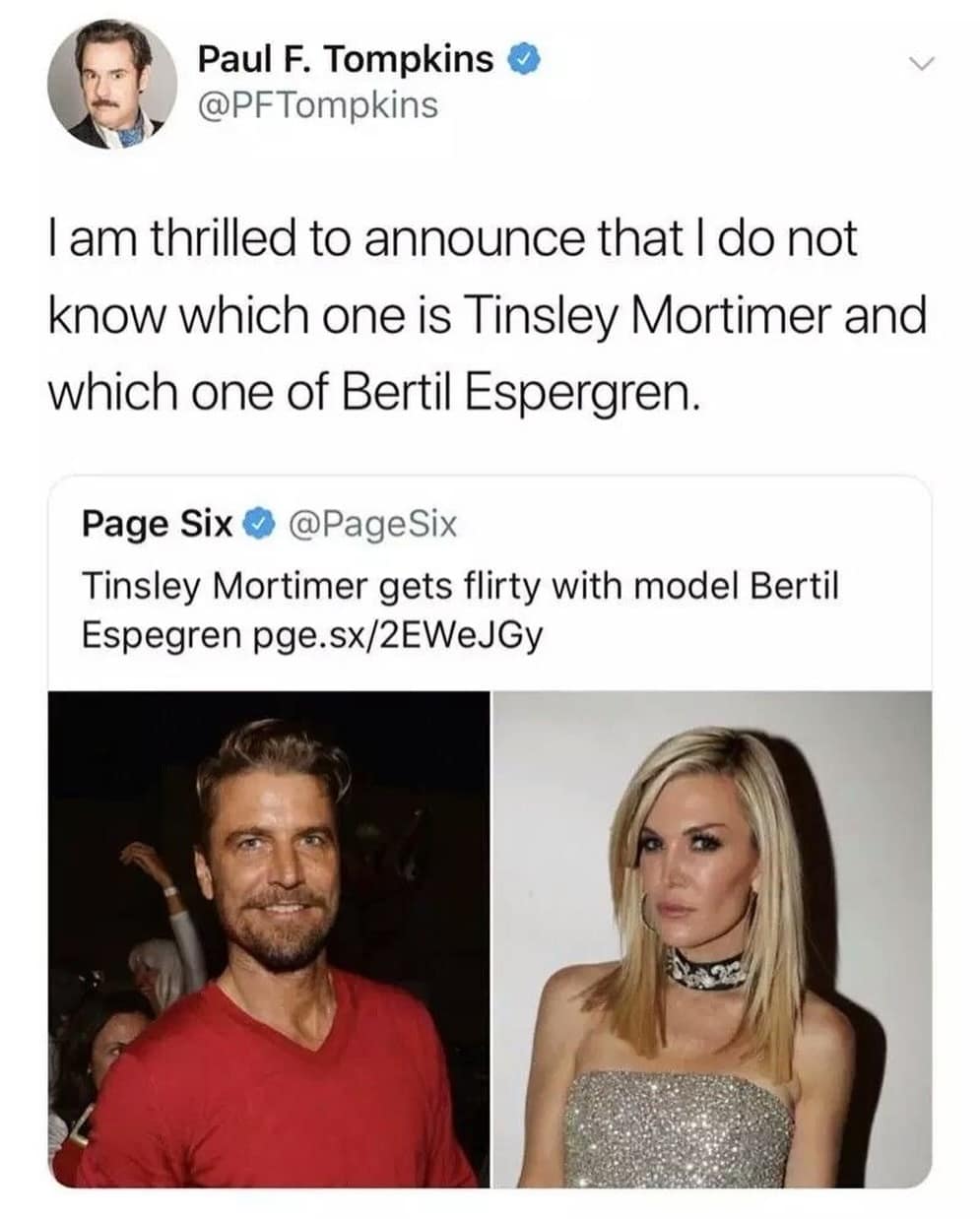 Paul F. Tompkins tweet confusing Tinsley Mortimer with male model Bertil Espegren.