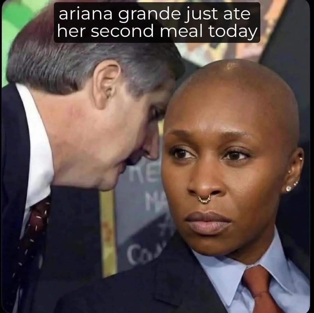 Cynthia Erivo reaction meme parodying George Bush 9/11 whisper about Ariana Grande eating.