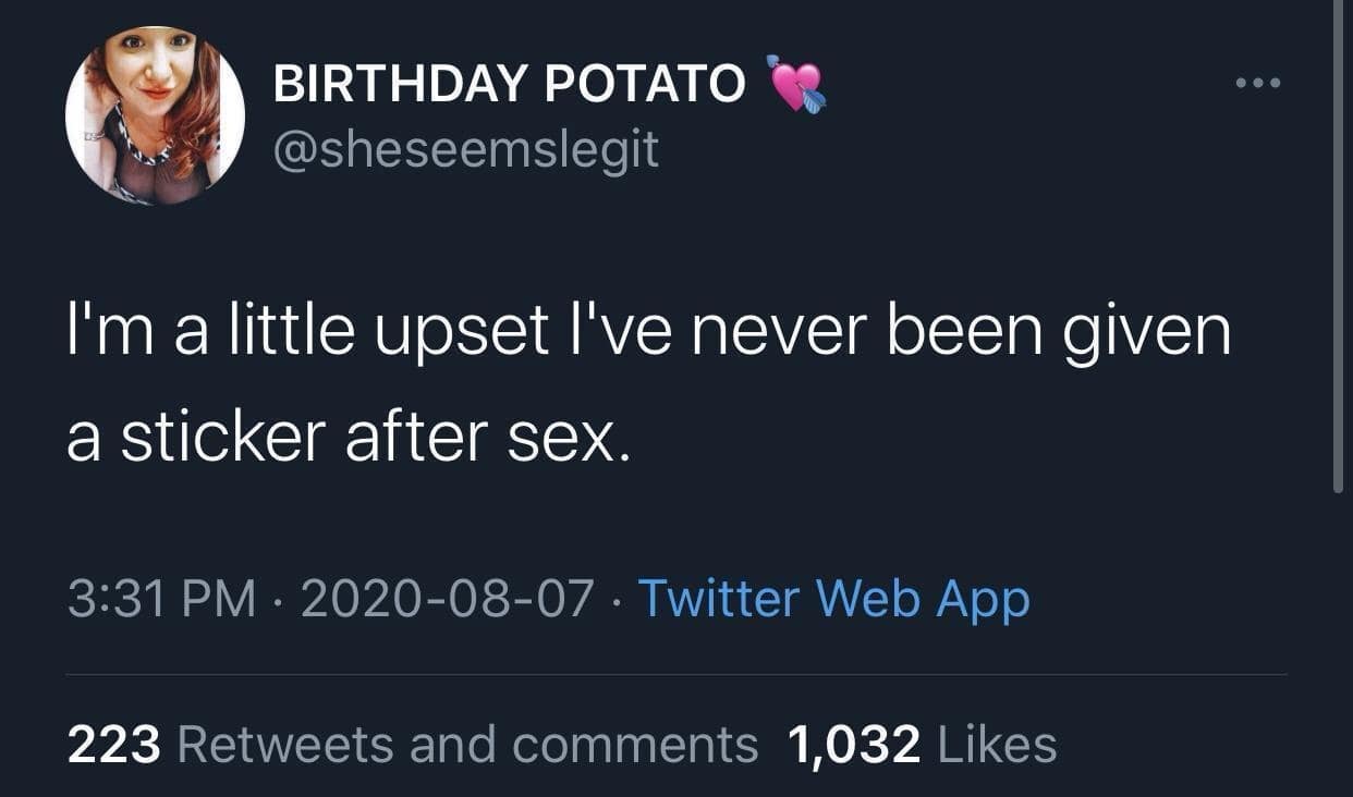 Tweet complaining about not receiving a reward sticker after sex funny memes.