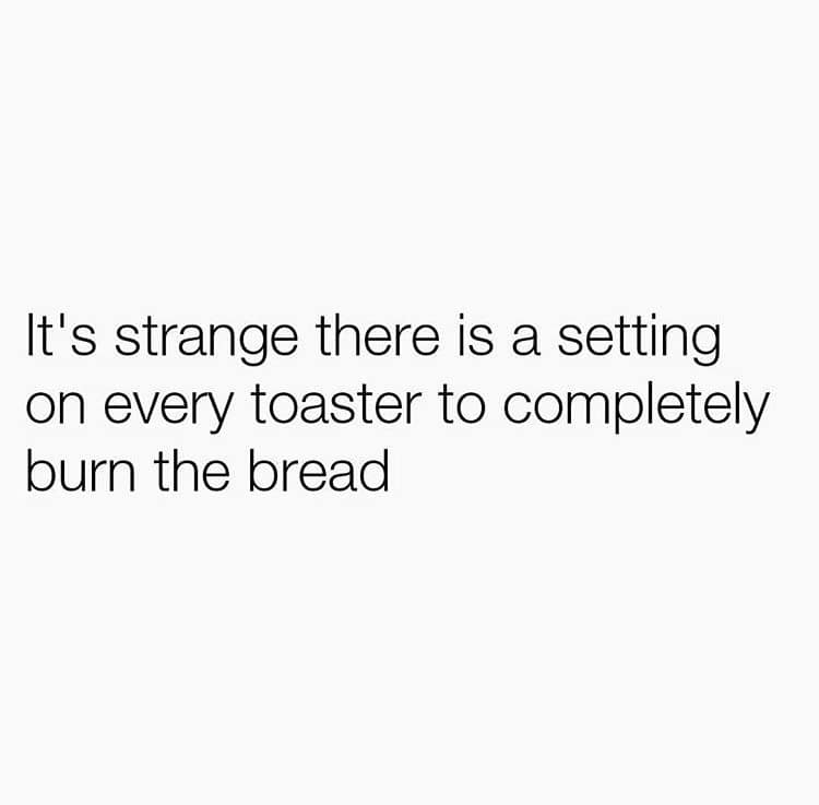 Text post questioning why toasters have a setting specifically designed to burn bread completely.