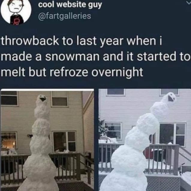 Comparison photos of a snowman that melted and refroze into a tall, leaning ice tower.