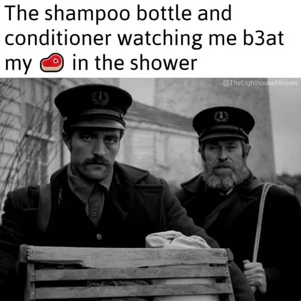 Meme of Willem Dafoe and Robert Pattinson watching someone beat meat in shower.