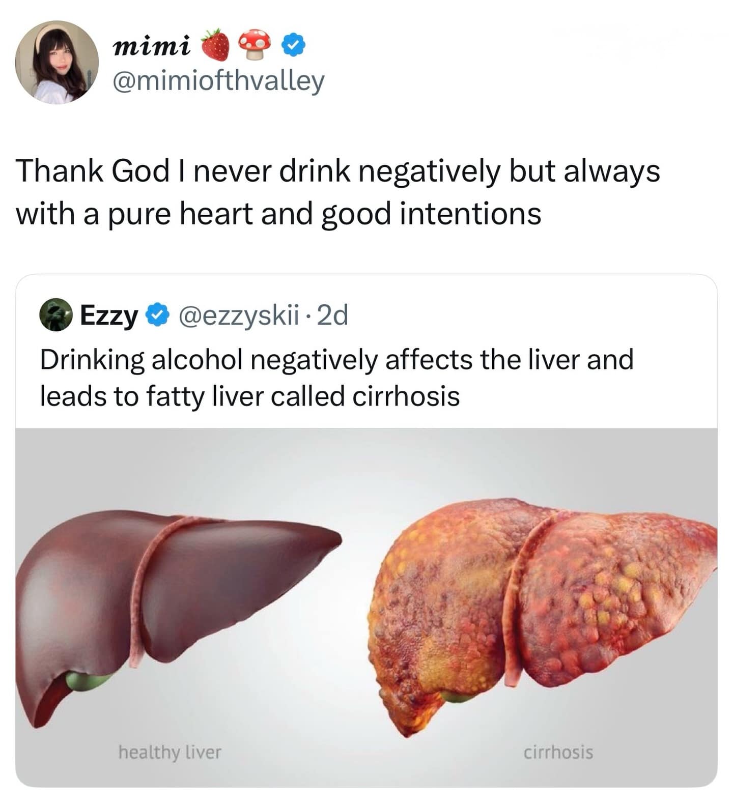 Tweet comparing healthy liver to fatty liver cirrhosis despite good intentions.