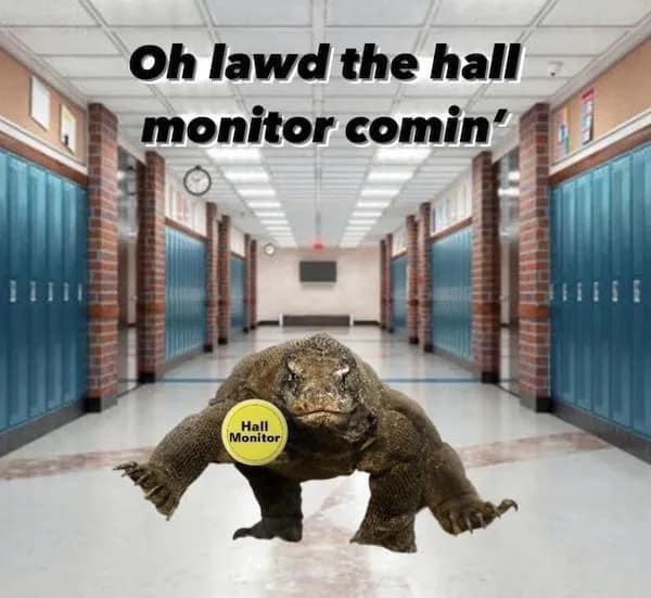 Komodo dragon walking purposefully down school hallway wearing hall monitor badge.