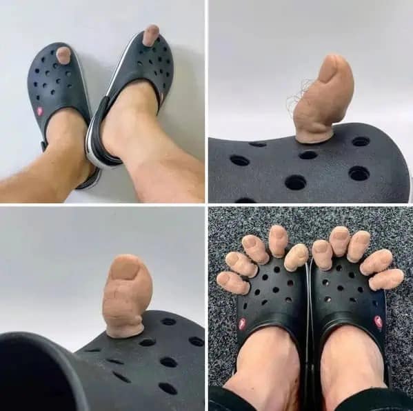 Crocs with realistic human toes sticking out of holes funny memes.