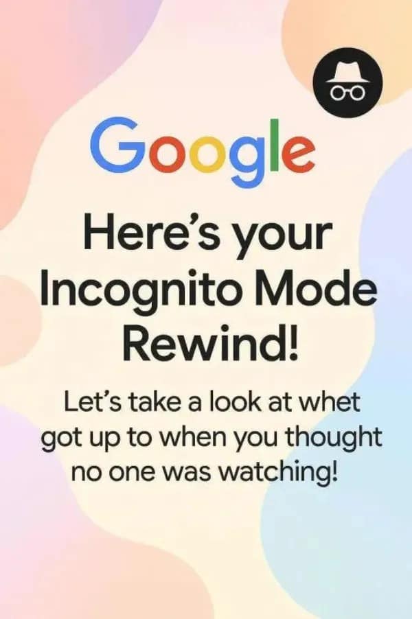 Mock Google Incognito Wrapped notification about private browsing history funny memes.