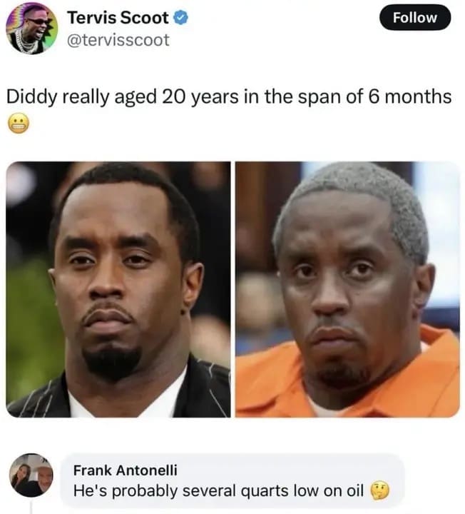 Side by side comparison of Diddy aging rapidly with savage comment about oil.