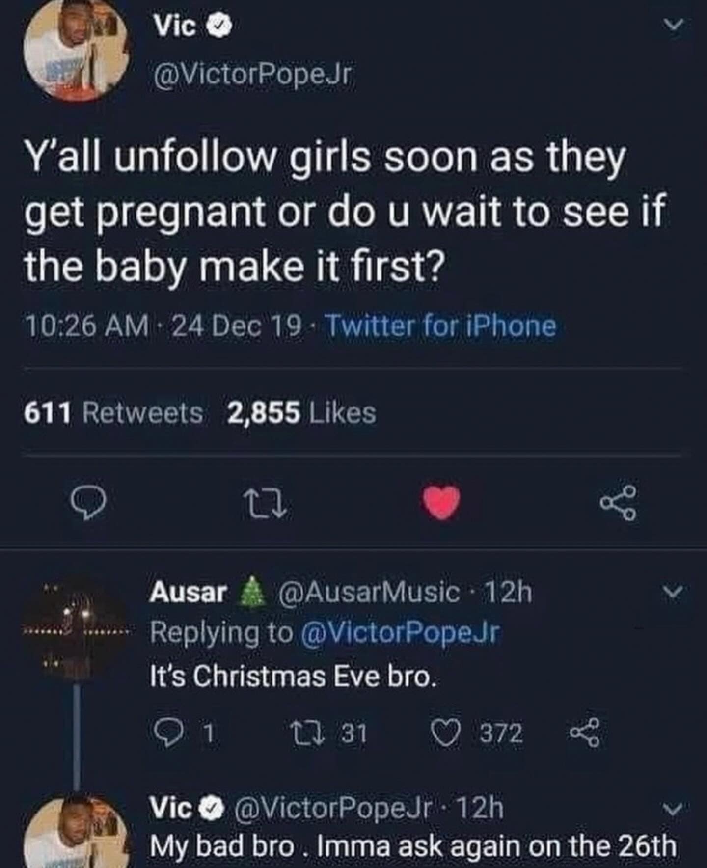 weet asking about unfollowing pregnant women with reply saying it is Christmas Eve.