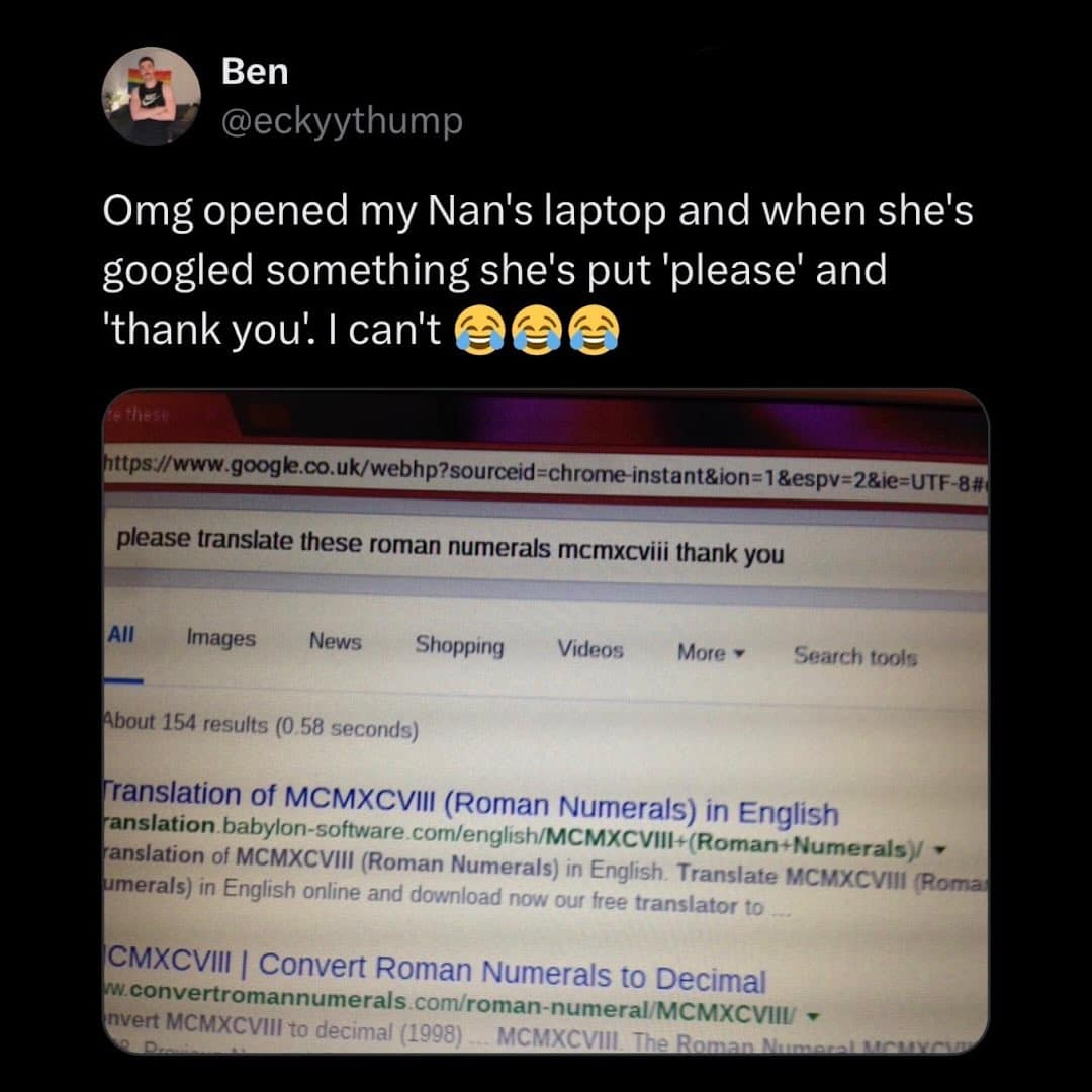 Google search bar showing grandmother typing please and thank you to the computer.