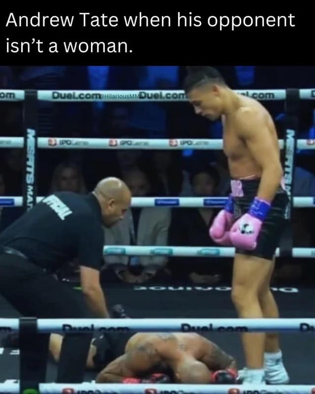 Boxer standing over knocked out opponent mocking Andrew Tate funny memes.