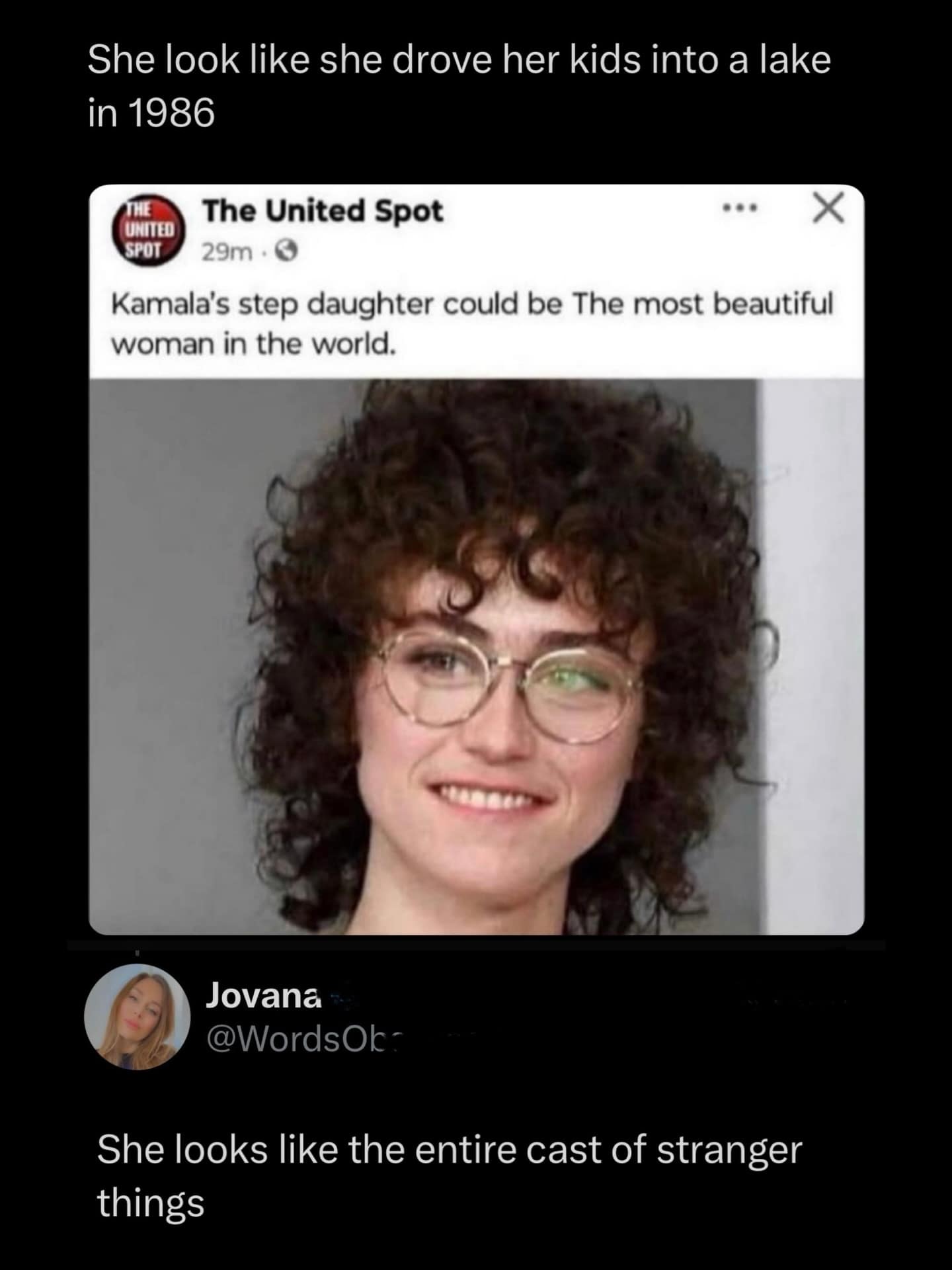 Photo of Ella Emhoff with caption saying she looks like the cast of Stranger Things.