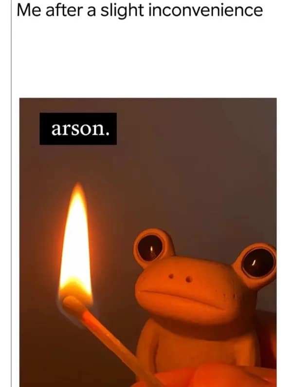 Clay frog holding a lit match with text about committing arson over minor inconveniences.