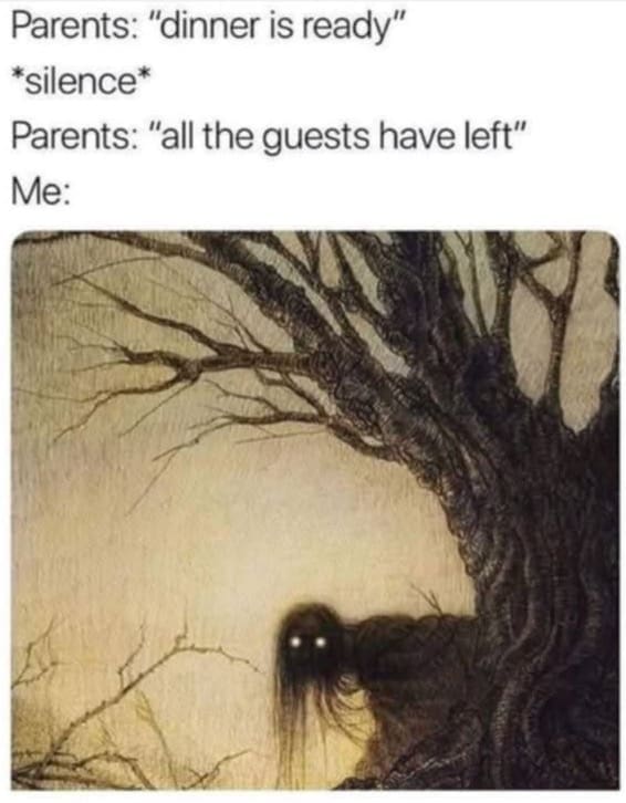 Creepy swamp creature emerging from tree painting when guests finally leave.