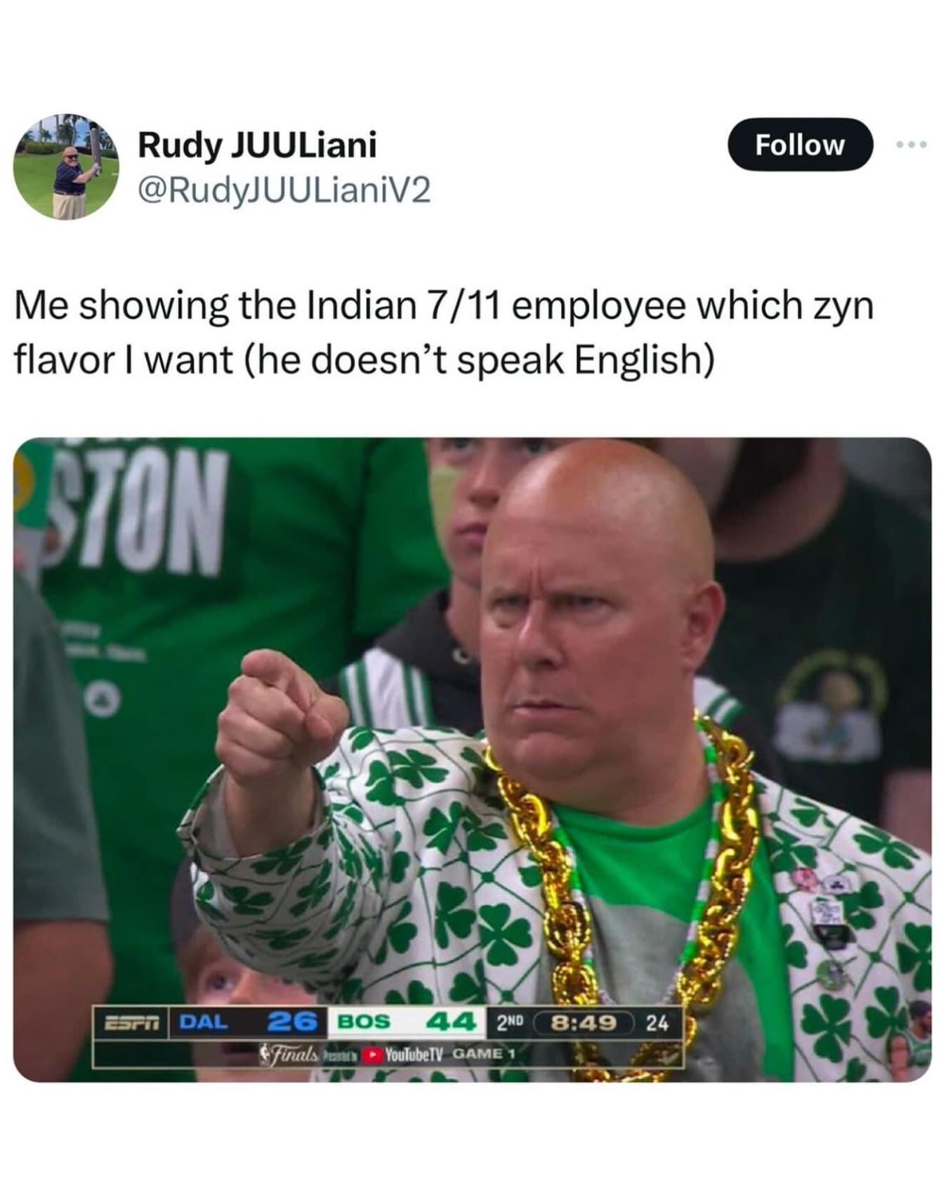 Bald man in Celtics jersey pointing finger with caption about Zyn pouches.