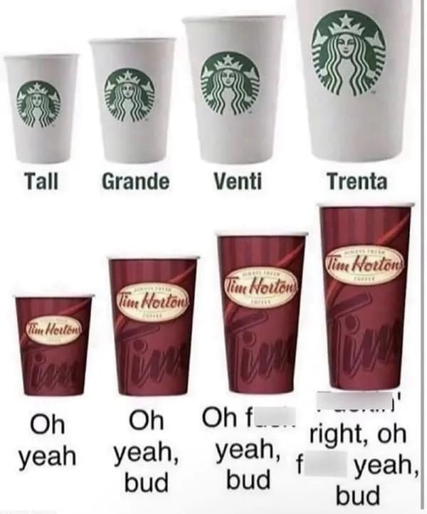 Chart comparing Starbucks coffee sizes to Canadian slang phrases involving Tim Hortons cups.