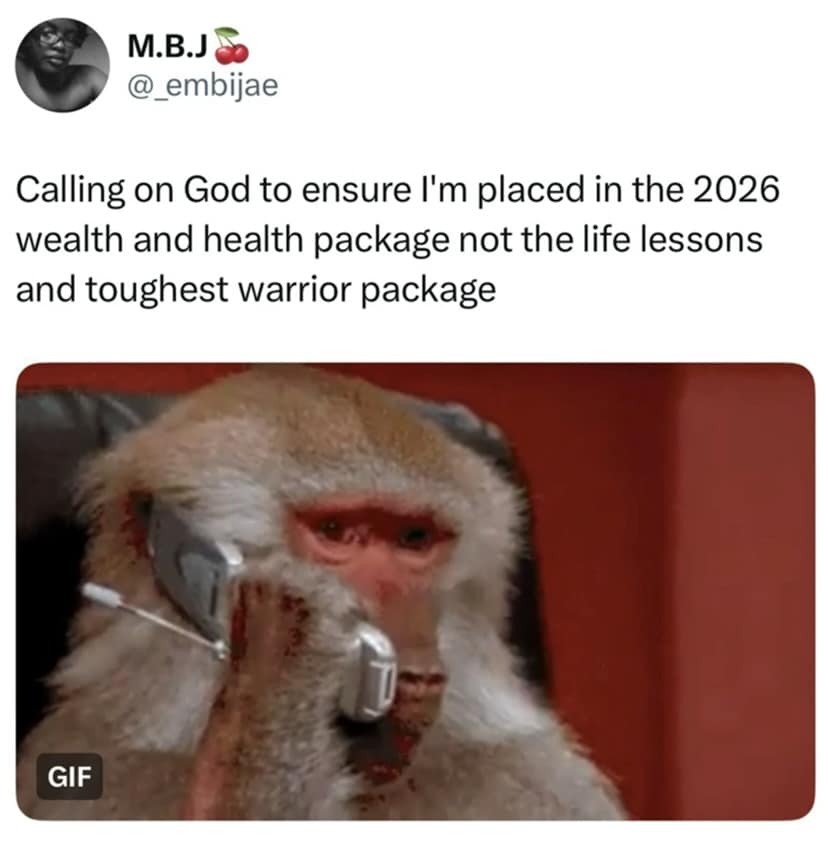 Battered monkey on phone asking God for a better year funny memes.