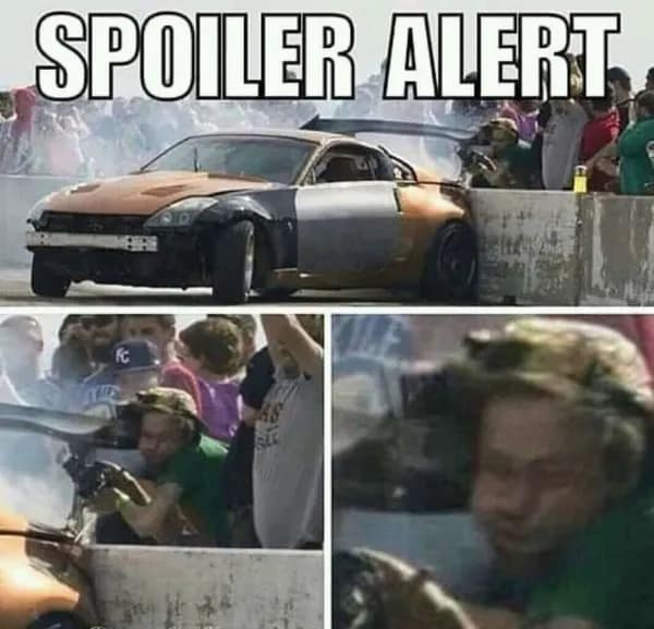 Car with massive rear spoiler and spectator making funny face meme.