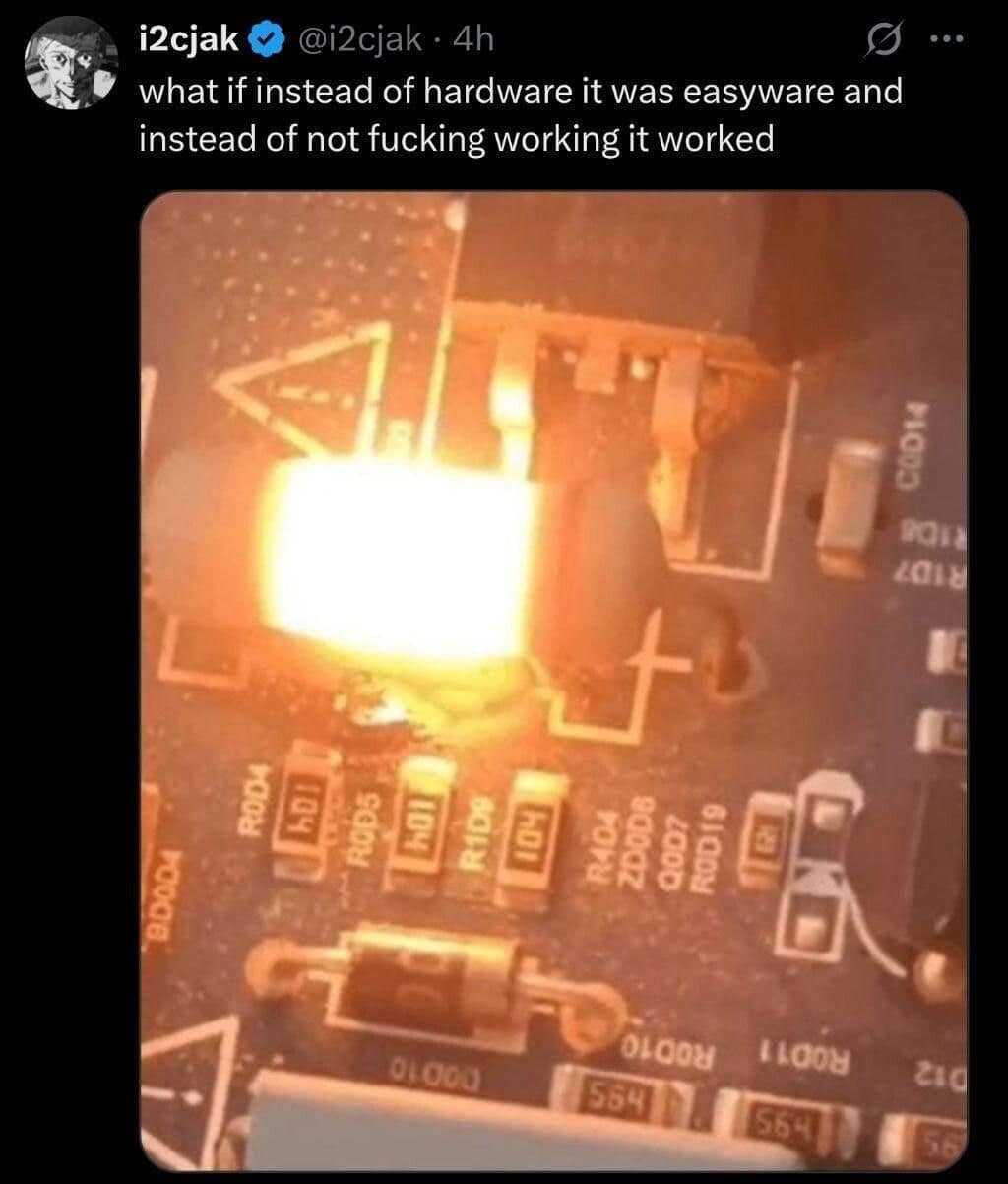 A funny meme showing a glowing electronic component labeled "easyware" instead of hardware.