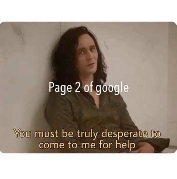 Loki from Marvel movies captioned as Page 2 of Google results for desperate searchers.