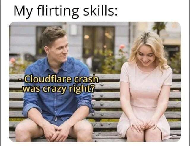 In this funny meme, a man flirts on a bench by mentioning the recent Cloudflare crash