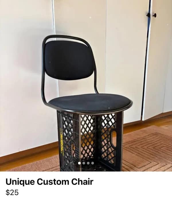 Chair constructed from black plastic milk crate and metal frame selling for 25 dollars.