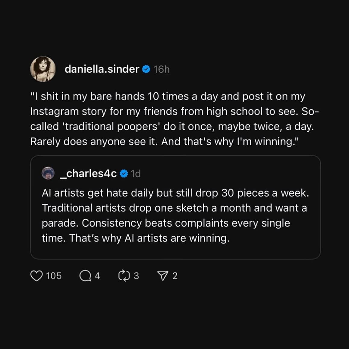 Text post satirically comparing output of AI artists versus traditional artists complaining.