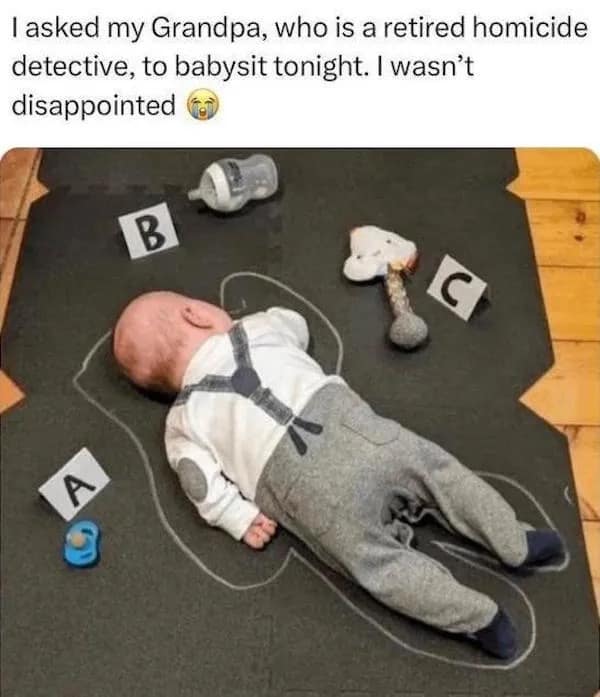 Baby sleeping on floor surrounded by chalk outline and evidence markers A B C.