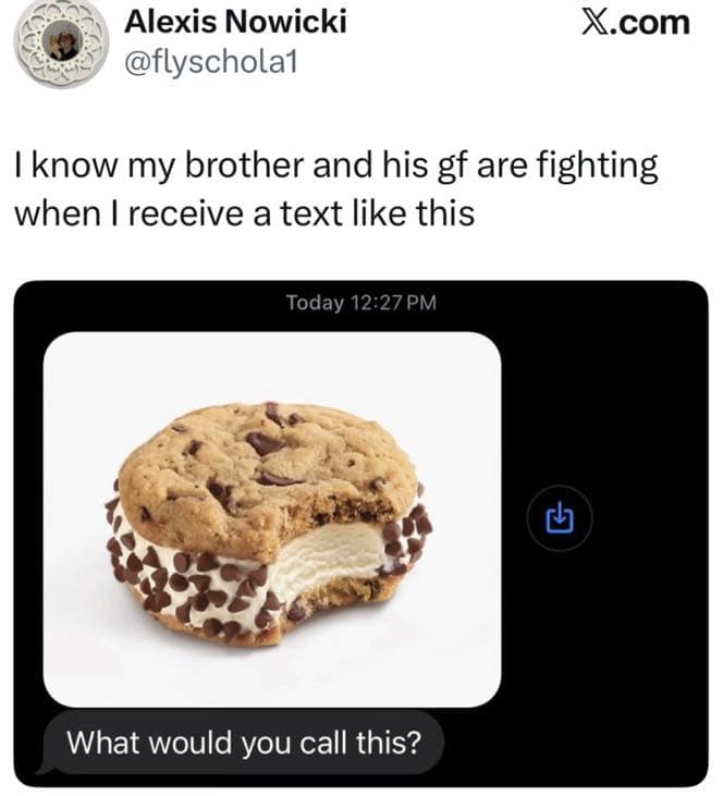 Text message showing an ice cream sandwich bitten from the side to annoy someone