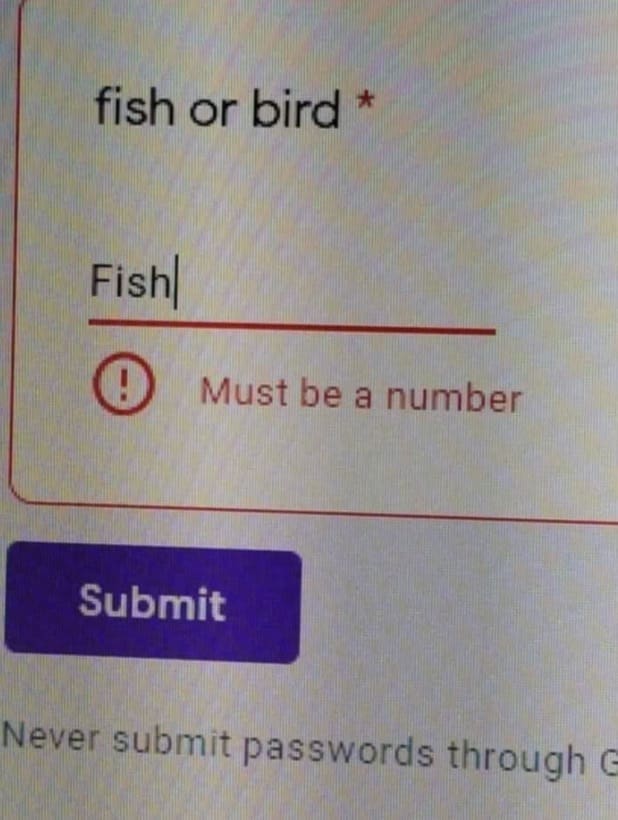 Software error message stating the answer Fish must be a number.