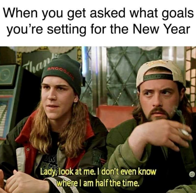 A funny new years meme using Jay and Silent Bob to dismiss questions about setting goals.