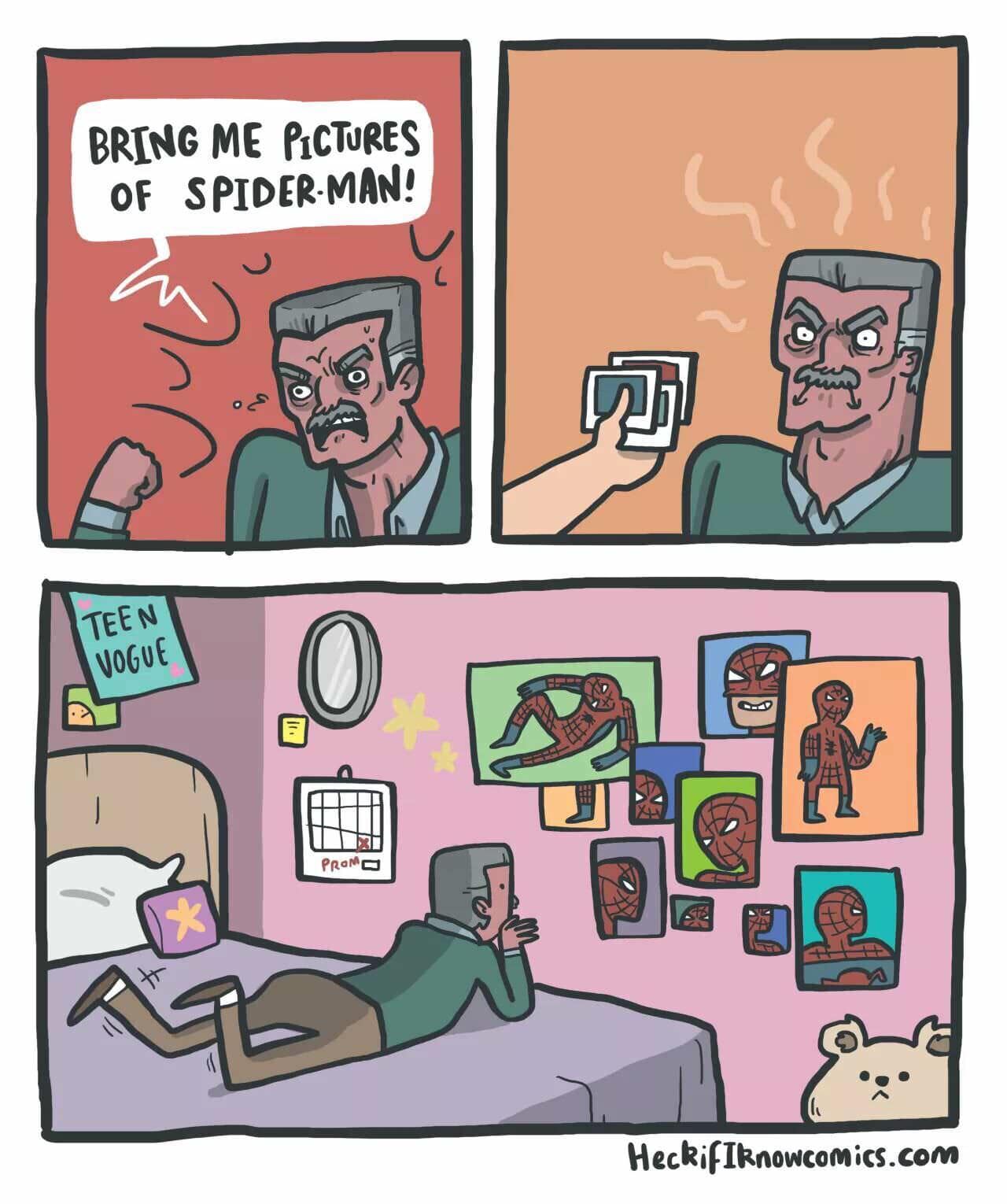 A funny pic of a comic strip showing J. Jonah Jameson secretly admiring pictures of Spider-Man.