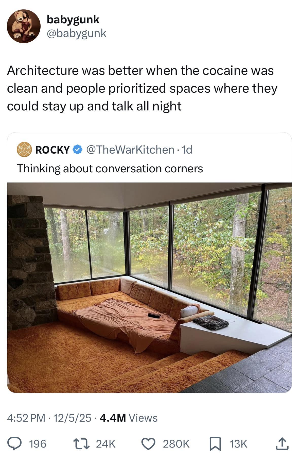 A funny pic comparing 70s "cocaine architecture" conversation pits to modern design.