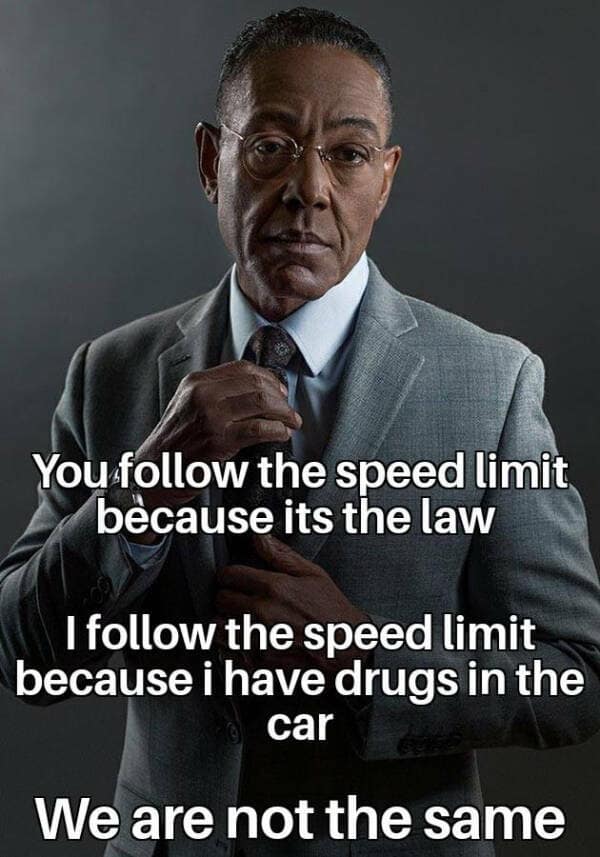 A funny pic of Giancarlo Esposito in a "We are not the same" meme about speeding.