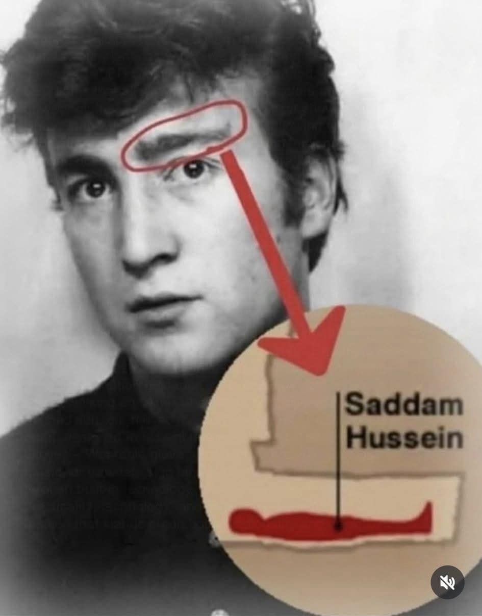 Diagram comparing John Lennon's eyebrow shape to the Saddam Hussein hiding spot meme.