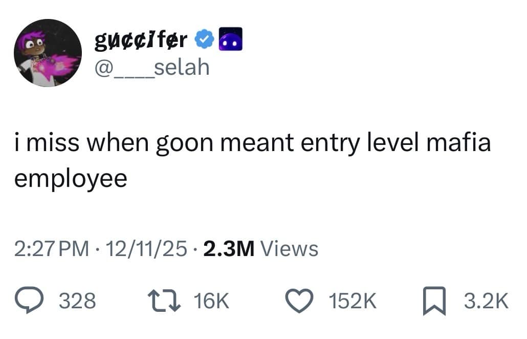 Viral tweet complaining about the definition change of the slang word goon.