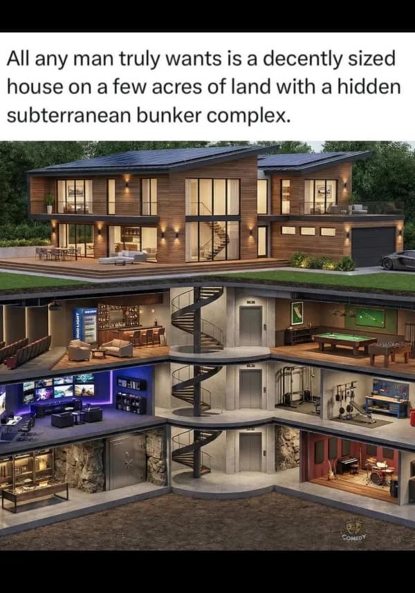 Cross-section diagram of a modern house with a massive multi-level underground secret bunker.
