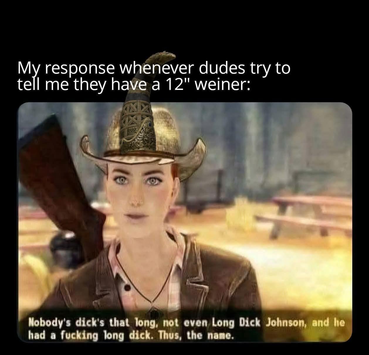 A funny pic of a Fallout New Vegas dialogue screen mentioning "Long Dick Johnson".