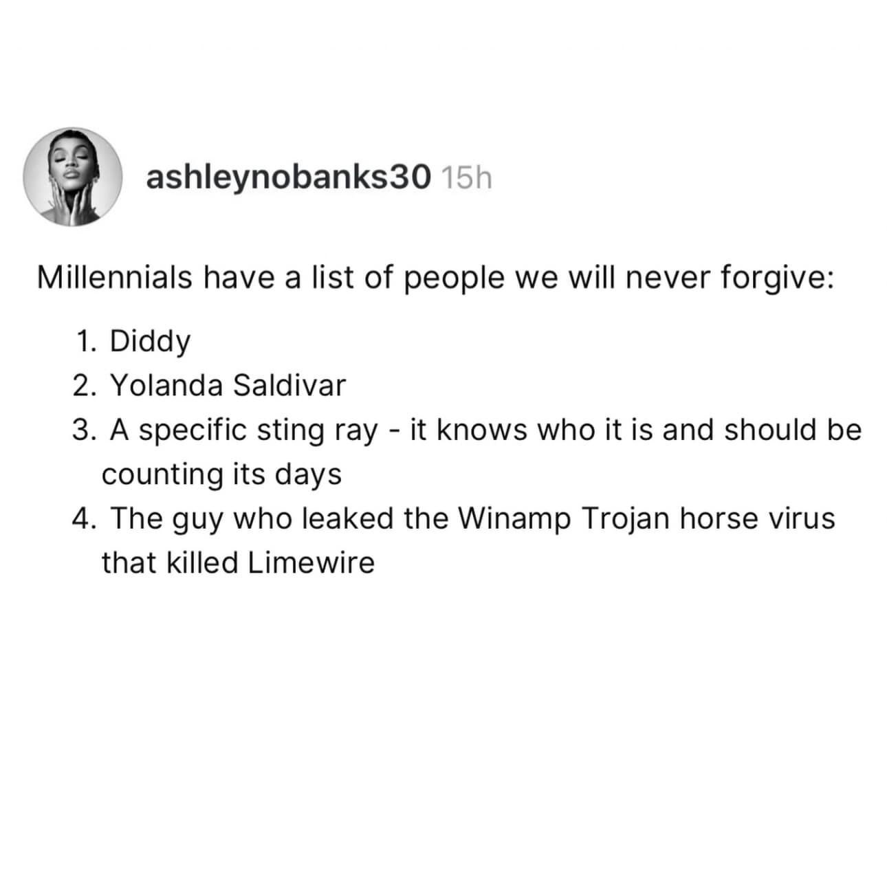 Viral tweet listing four people and events Millennials will never forgive including Diddy.