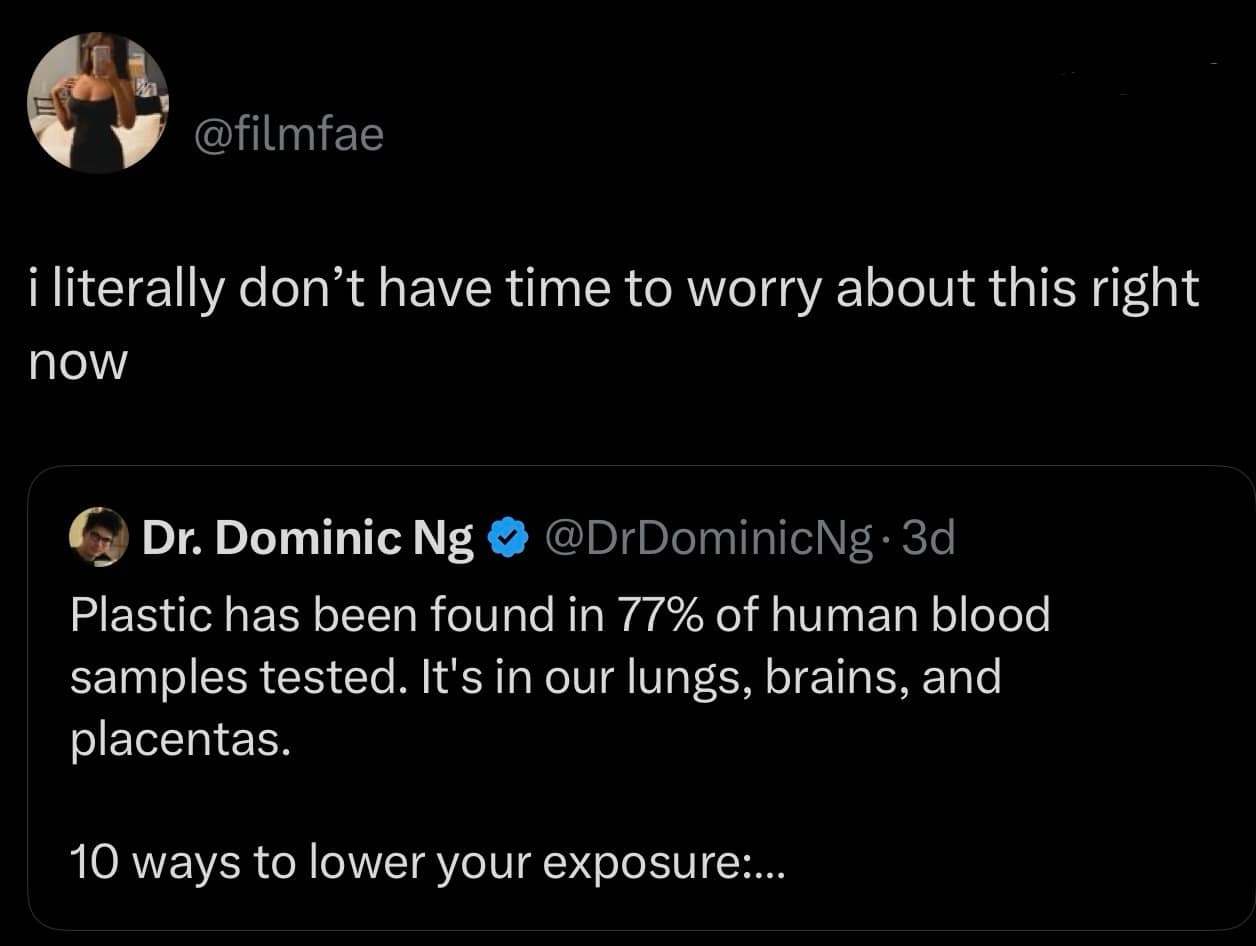 Social media user dismisses worrying news about microplastics in human blood samples.