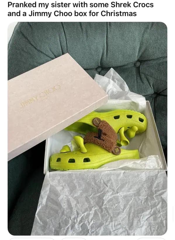 Green Shrek Crocs disguised inside a luxury Jimmy Choo shoe box.