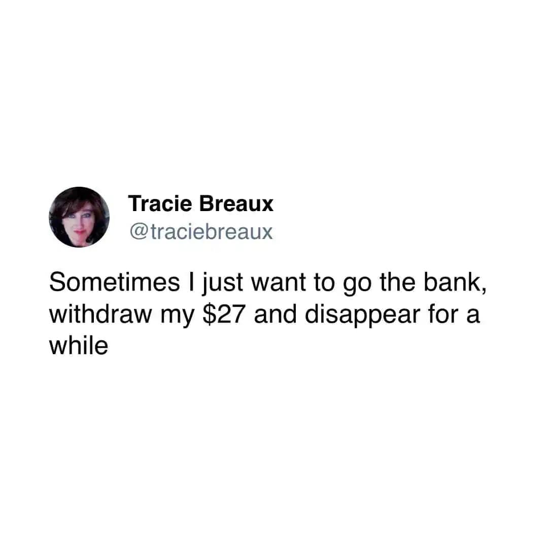 Tweet about withdrawing twenty seven dollars to disappear and run away.
