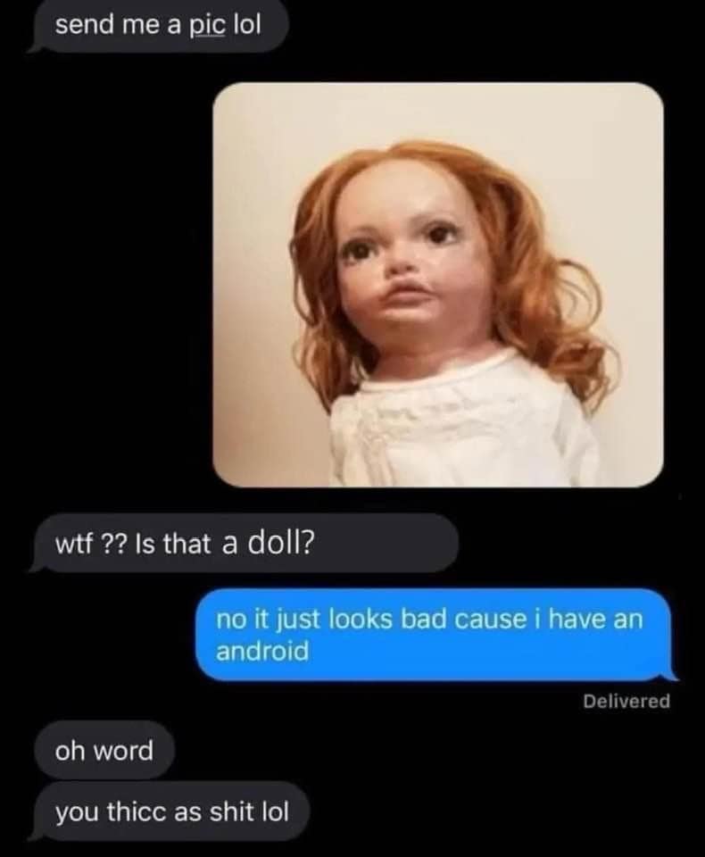 Text conversation mistaking a doll for a person due to Android camera in funny pics