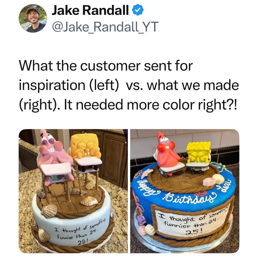 Side-by-side comparison of a Spongebob cake inspiration versus a failed amateur attempt.