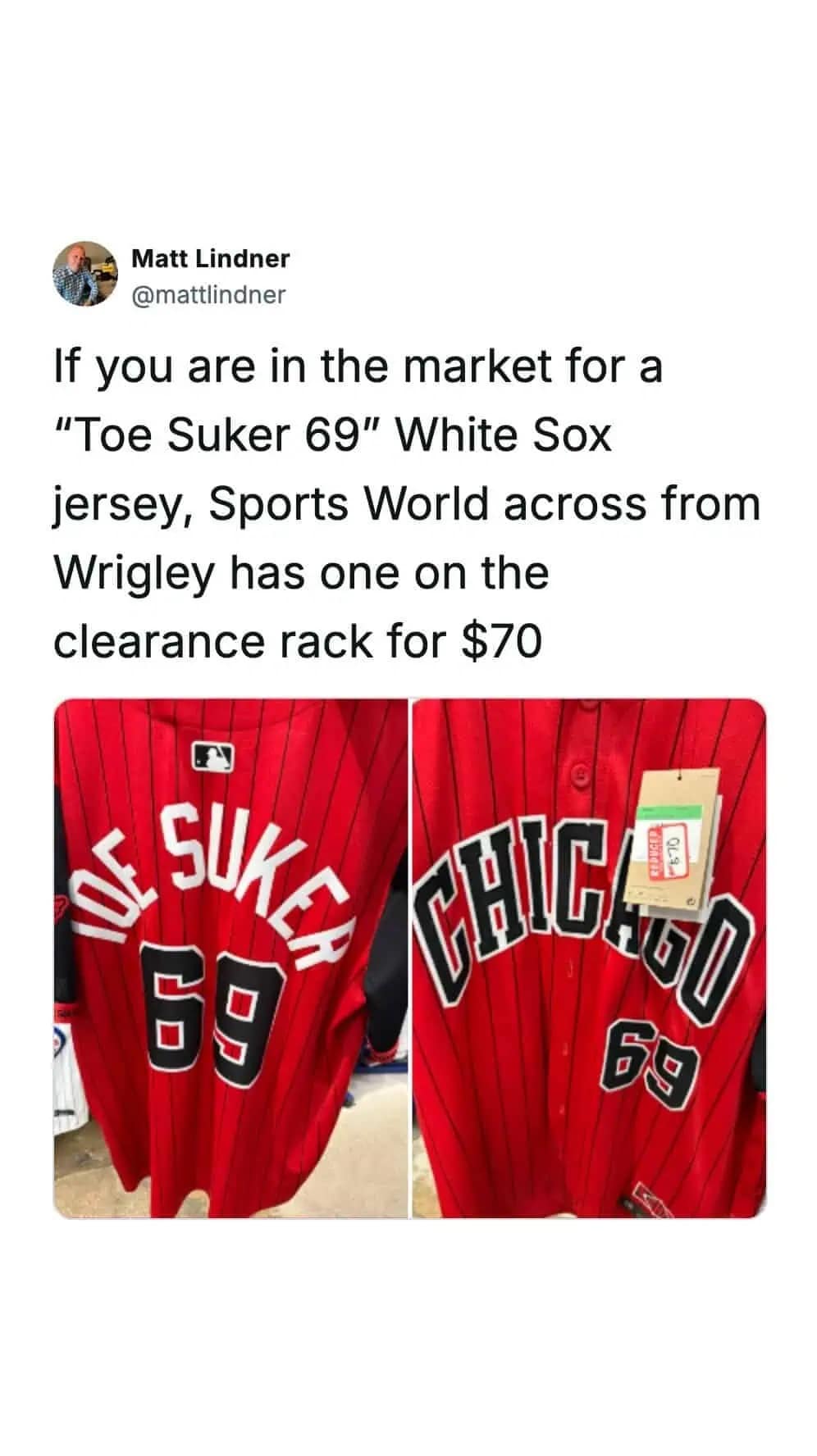 Chicago White Sox jersey on a clearance rack with the unfortunate name Toe Suker.