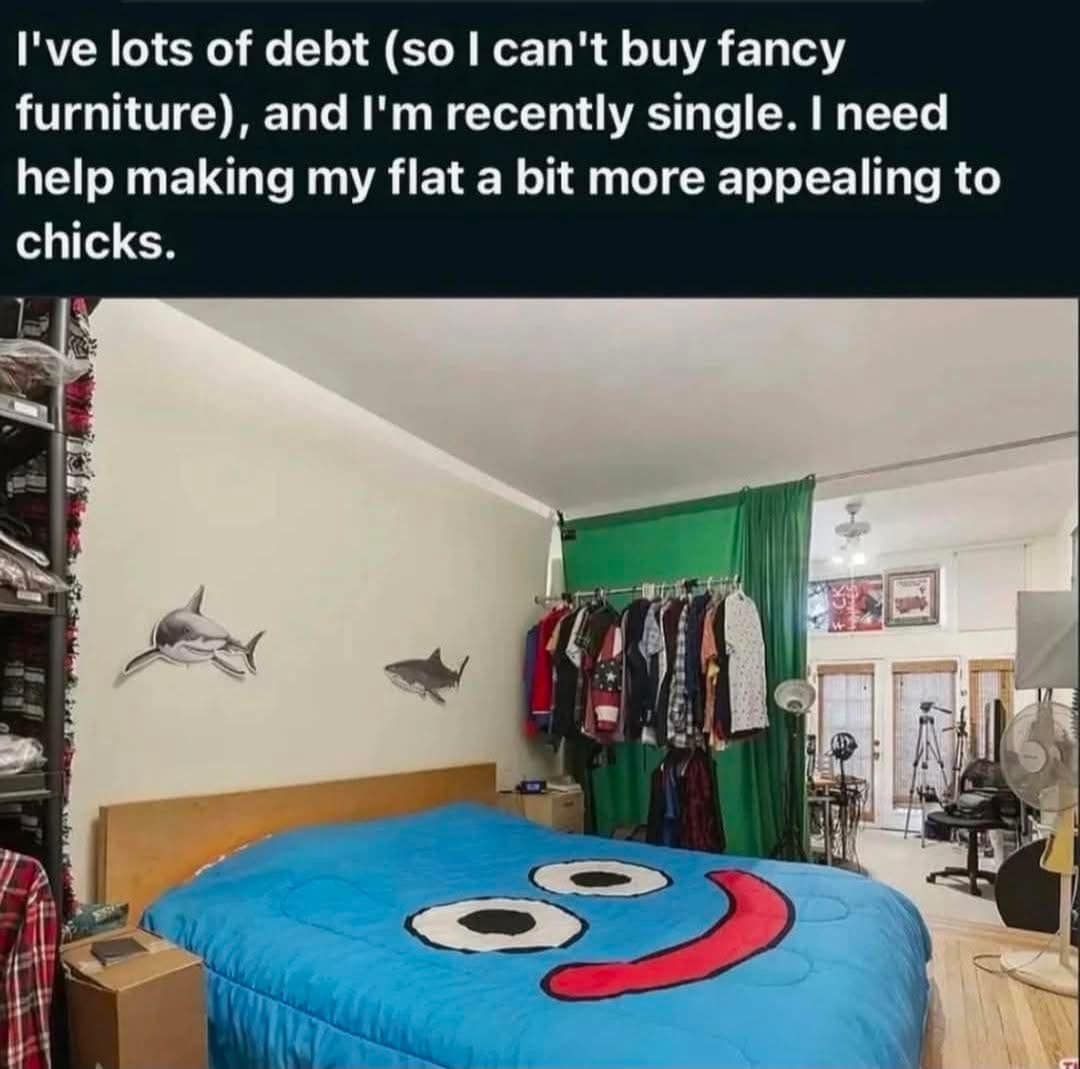 Bedroom with Cookie Monster bedding and shark wall stickers caption about attracting chicks.