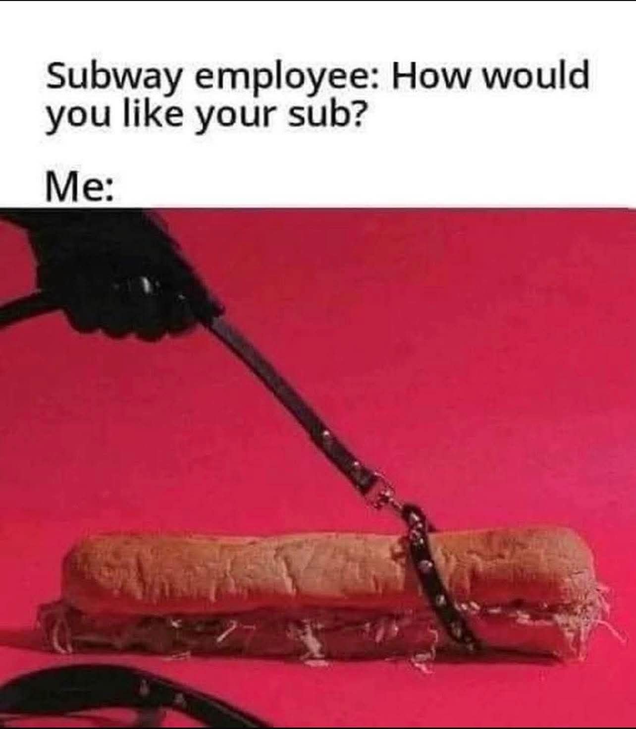 Subway footlong sandwich on a red background held by a leather dominatrix leash.