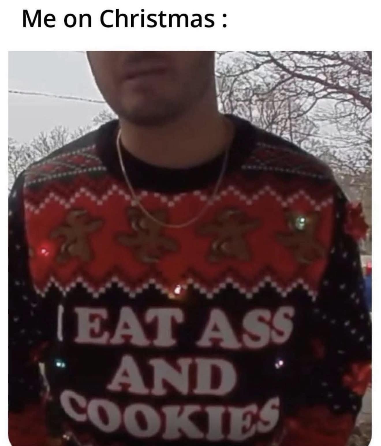 Man wearing vulgar Christmas sweater about eating ass and cookies funny pics.