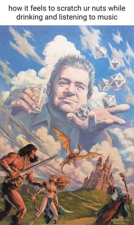 In this funny pic, fantasy wizard art represents the joy of scratching and drinking