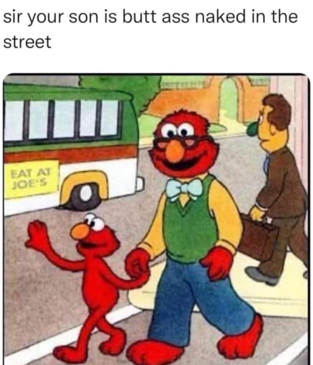 Elmo walking naked next to business man meme funny pics.